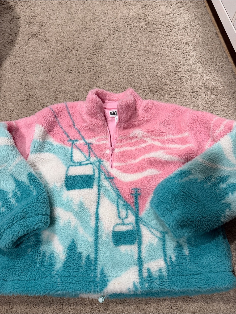 Beach Riot Pink & Teal Sherpa Ski-Lift Pullover size L EUC